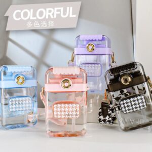 Tritan Plastic Dual Sipper with Coin Pouch, Adjustable Strap & Straw | 850 ML | Airtight & Leak-proof | Box Packing | Assorted Colors 1 pc