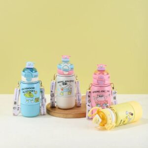 Stainless Steel Insulated Thermos Sipper for Kids | with Strap & Straw | Push Lock Button & Leak-Proof | 550 ML | Assorted Colors | Box Packing 1 pc