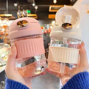 Rabbit Glass Sipper with Reusable Straw & Silicone Sleeves | Push Lock Button | 350 ML | Leak-proof | Assorted Colors & Box Packing 1 pc