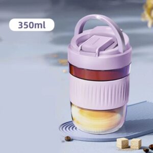 Glass Travel Coffee Mug with Silicone Straw | Dual Flip Lock Mug | 350 Ml | Silicone Sleeves | Assorted Colors & Box Packing 1 pc