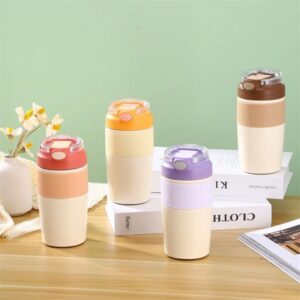 Stainless Steel Double wall Travel Coffee Sipper with Silicone Sleeves | Portable & Leakproof | Dual Drinking System | 380 ML | Assorted Colors | Box Packing 1 pc