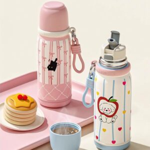 Stainless Steel Kawaii Theme Water Bottle with Attachable Keyring | 500 ML | Leakproof & Airtight | Dual Sipper | Double wall Insulations | Assorted Colors & Prints | Box Packing 1 pc