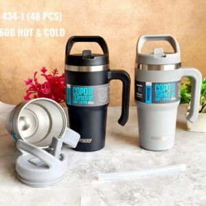 Stainless Steel Tumbler with Dual Handle | 600 ML | Airtight & Leak Proof | Assorted Colors | Box Packing 1 pc