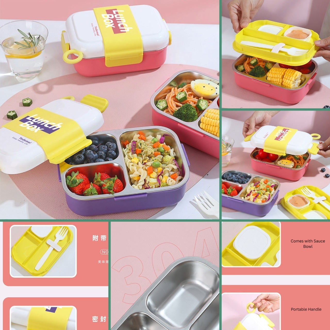 Stainless Steel 3 Compartment Leak Proof Insulated Lunch Box with Sauce Bowl- 950 ml 1 pc - Image 2